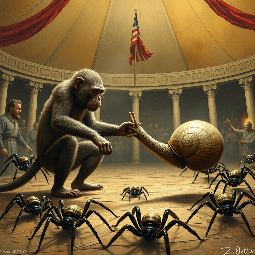 A monkey and a snail fighting to the death in the Roman circus against 10 spiders.