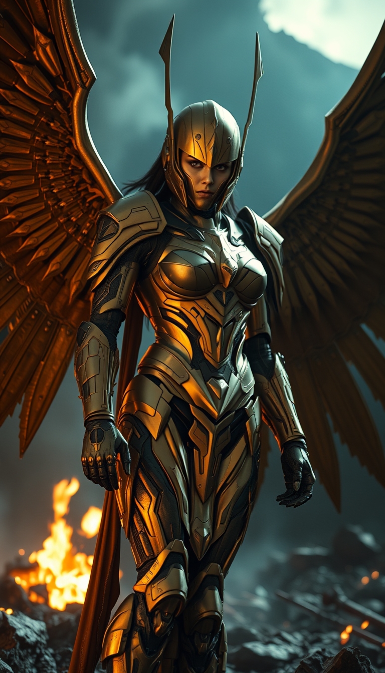 Cinematic shot of a cyborg female battle angel rising from ashes, golden regal Valkyrie armor, futuristic, full smooth helmet, standing on a battlefield, movie scene, film grain, realistic, shot from below, dark lighting.