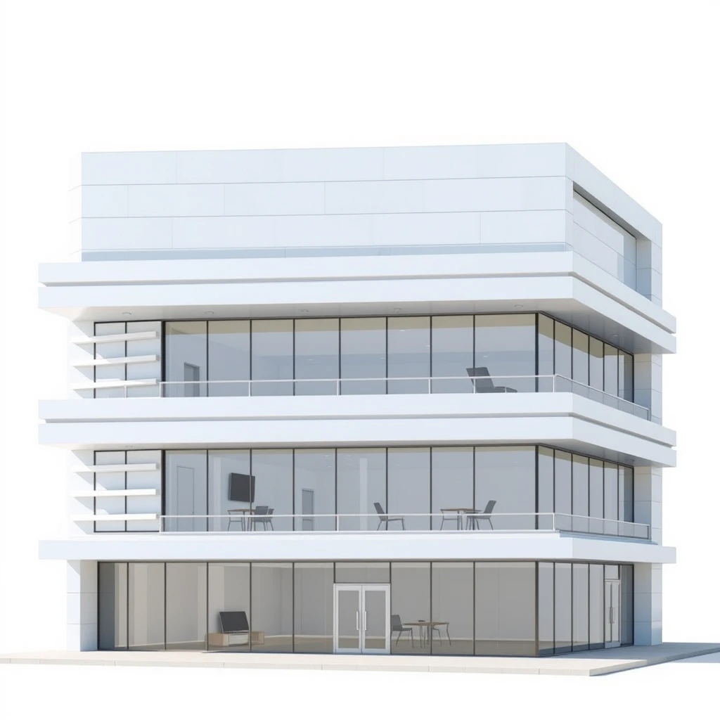 Design a modern office building with 2 to 4 floors, featuring a sleek, horizontal layout. The exterior is dominated by silver-white aluminum panels arranged in horizontal lines, emphasizing the building's horizontal orientation. The overall design is contemporary, with clean lines and a minimalist aesthetic, highlighting the building's structure and materials.