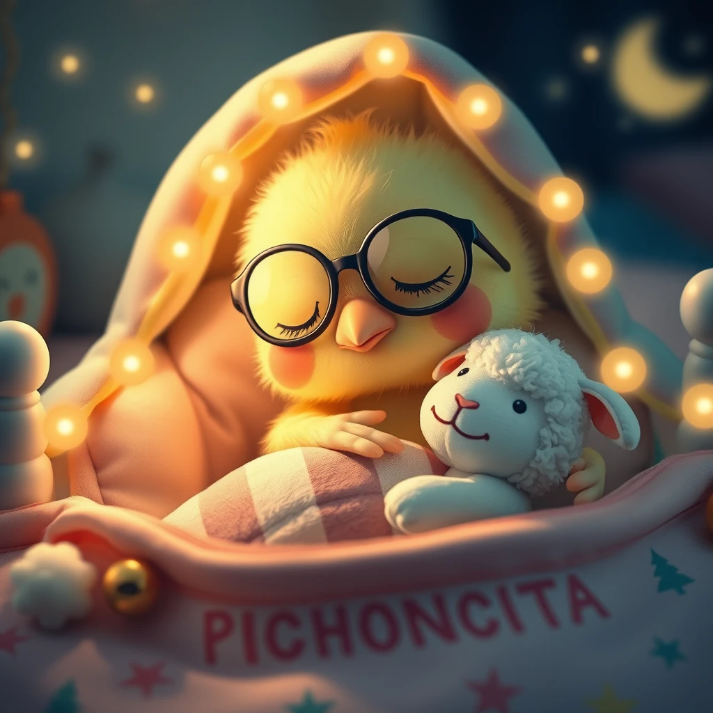 It's nighttime. A sweet, delicate little Kawaii chick with a small, rounded beak, wearing glasses, is deeply asleep in its precious little bed with tiny jingle bells, vibrant colors, soft lights, and childish details that have the name PICHONCITA written on it, hugging a tiny, friendly plush sheep with patchwork blankets. - Image