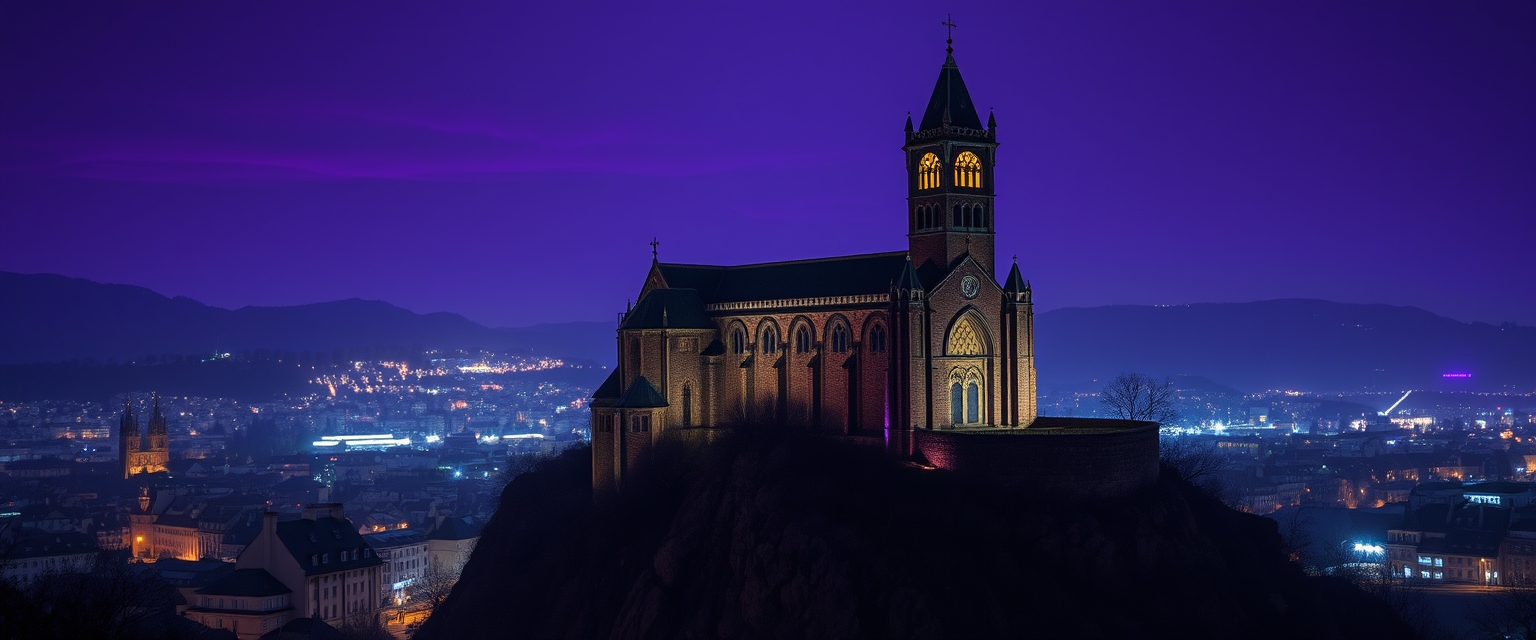 Gothic city, focus on a eerie cathedral that is on top of a mountain, belltower, bright night, purple lights in the sky.