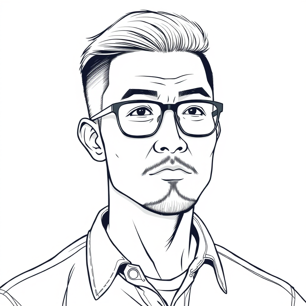 A cool line drawing of a man around 35 years old, with a crew cut hairstyle, a sturdy build, Chinese, wearing framed glasses for nearsightedness, with a slightly short beard on his chin, in a shirt, exuding a somewhat rogue charm, and not having a face that is too thin. - Image