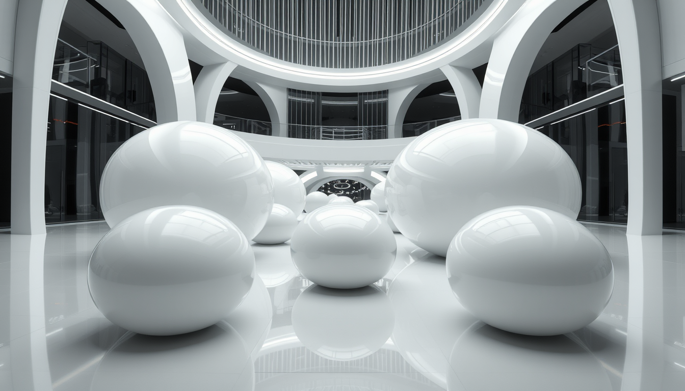 A futuristic and abstract architectural space lit with cool white lights and filled with several reflective, glossy white objects that resemble large, smooth capsules. These objects are positioned on a sleek, shiny floor that reflects their surfaces. In the background, there are large, white, vertically curved structural elements that are part of a modern architectural space. Enormous shiny white bubbles with reflective surfaces float lower here, close enough to interact with. - Image