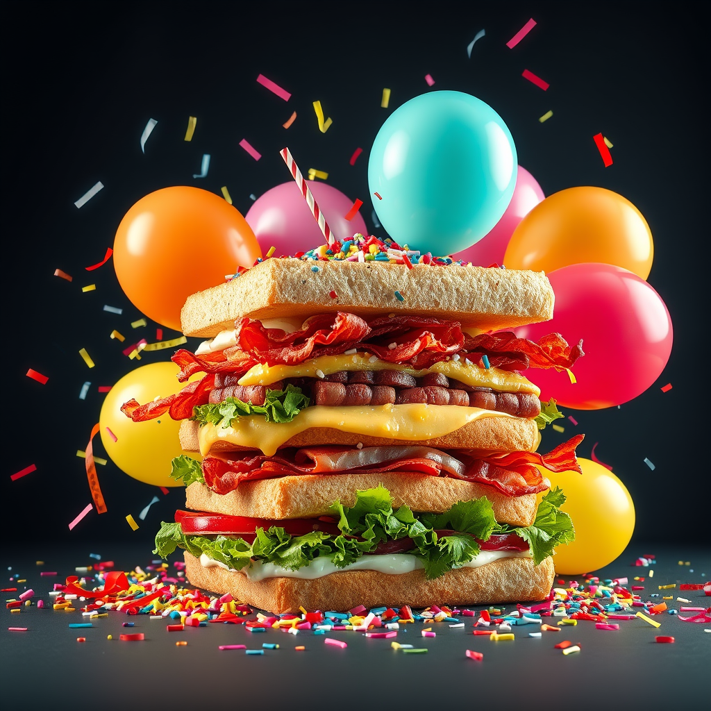 A very tall sandwich made out of party balloons, confetti, and bacon explosion, surreal, product photography.