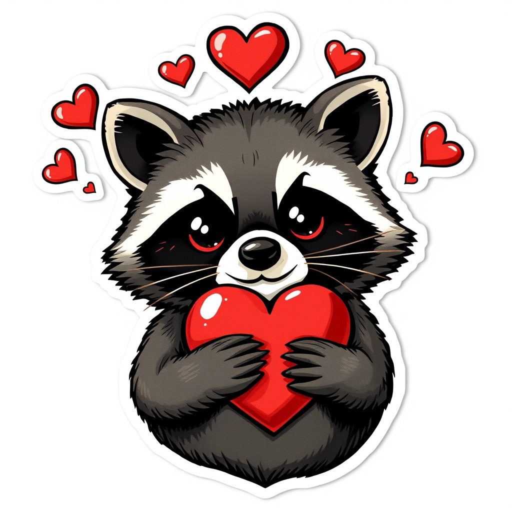 A raccoon with big, shiny eyes shaped like hearts and five little hearts floating around its head. It is holding a heart with its paws. This sticker is great for expressing love, gratitude, or admiration.