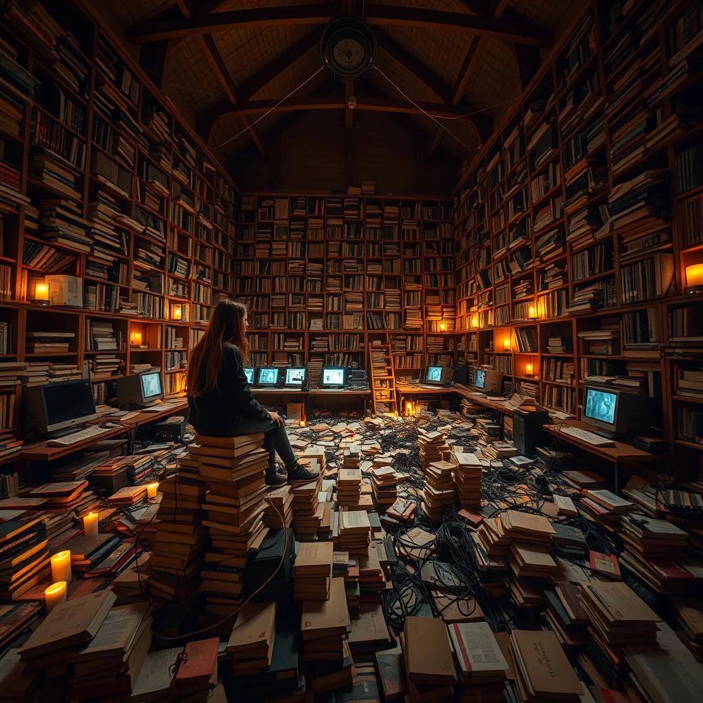 A real-life photograph, wide shot, of a person sitting on a pile of books in the corner of a large hall, where many books are scattered messily, along with tangled wires and numerous computer screens. The lighting is dim, with some candles lit. The person is in one corner of the hall. - Image