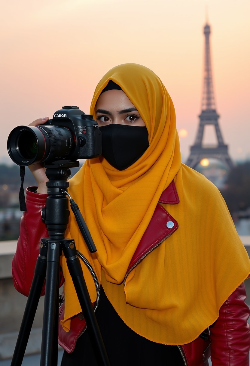 Biggest hijab yellow Muslim girl, beautiful eyes, face mask black, red leather jacket, black biggest skirt, camera DSLR CANON, tripod, taking photo Eiffel Tower, sunrise, morning scenery, Eiffel Tower, hyper realistic, street photography.