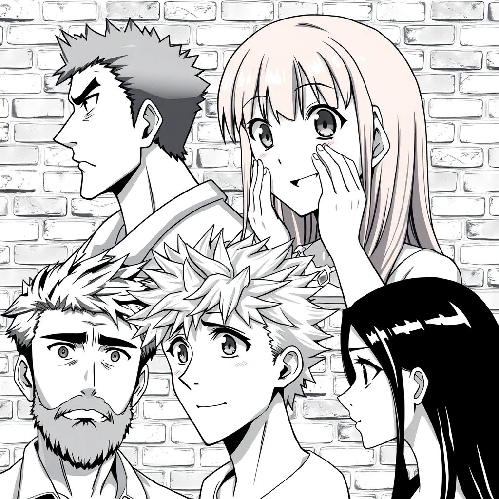 Anime-style black and white collage of five characters against a brick wall background. Top-left: man with short, spiky brown hair facing right, stern expression. Top-right: woman with long straight brown hair facing left, surprised expression with hands on cheeks. Bottom-left: woman with very curly blonde hair facing right, cheerful expression with one hand near her face. Center: bearded man with short, messy hair facing forward, serious expression. Bottom-right: woman with long dark hair facing left, profile view, neutral expression. All characters are close-up headshots. Characters arranged in asymmetrical composition filling the frame. Detailed anime eyes and features, sharp line work.