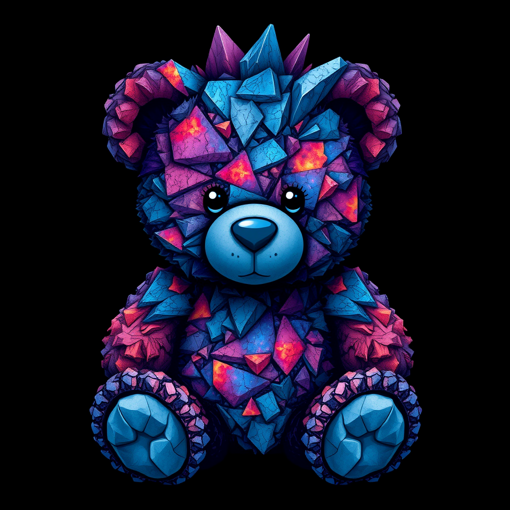 A tee shirt design of a teddy bear whose entire body, ears, and head are perfectly made of a beautiful jagged mineral that looks reminiscent of the universe with uneven colorful shards sticking out. Striking and beautiful, with deep blues and purples contrasting with vibrant reds and orange.