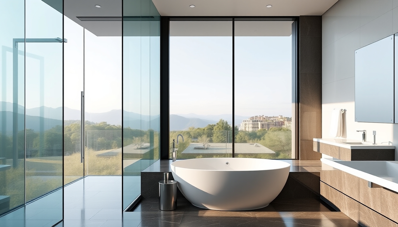 A sleek modern bathroom with glass walls and a luxurious soaking tub.