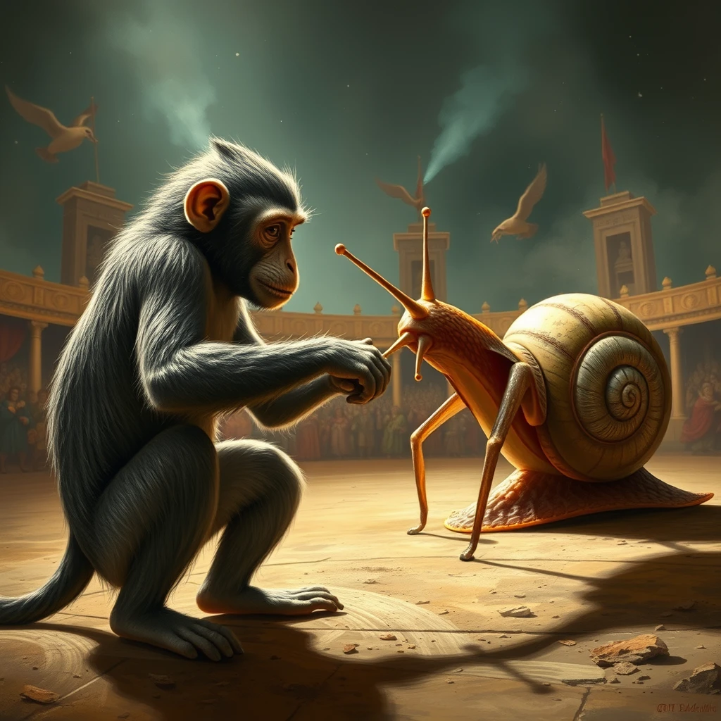 a monkey and a snail fighting in the Roman circus against a spider - Image