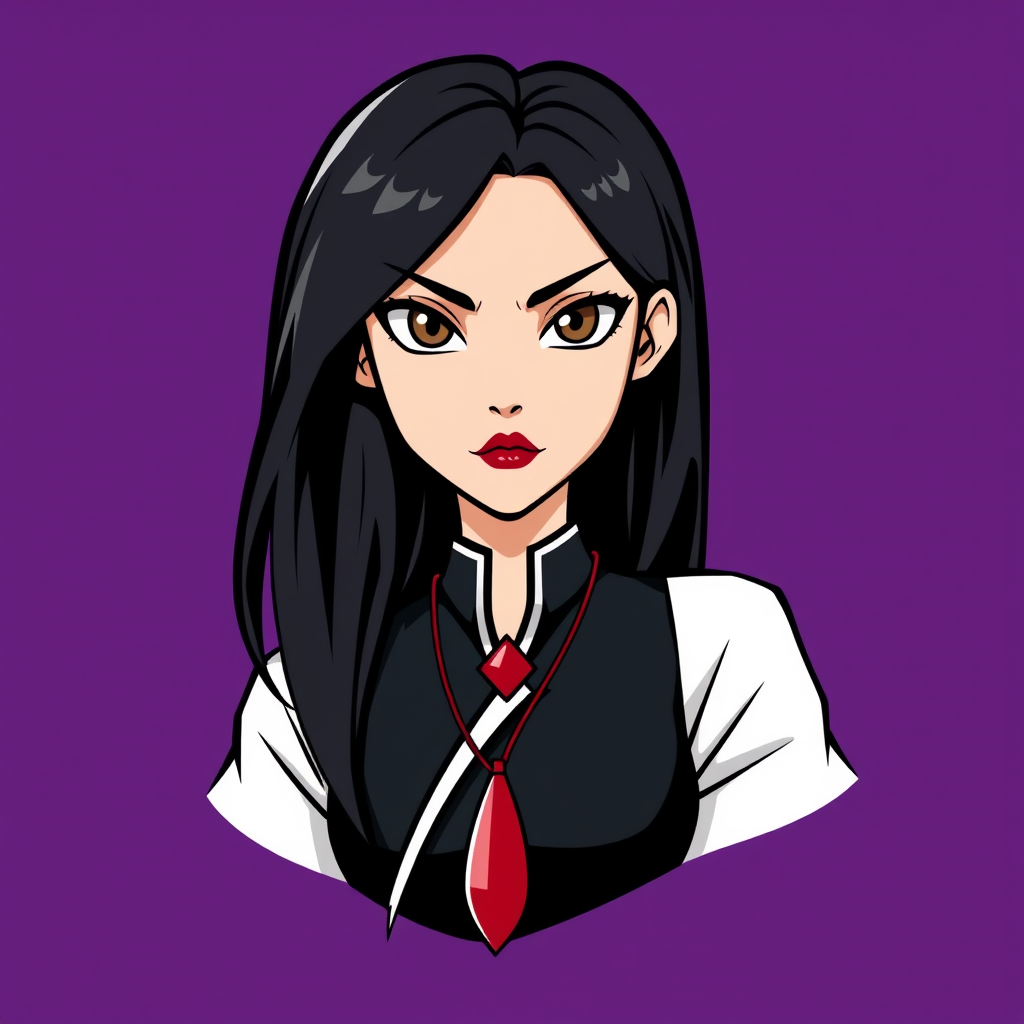 A basic simple vector logo of a beautiful female character with hazel brown eyes, long, dark black hair, wearing a black and white outfit with a red pendant necklace, and serious face with red lipstick, on a purple background. - Image