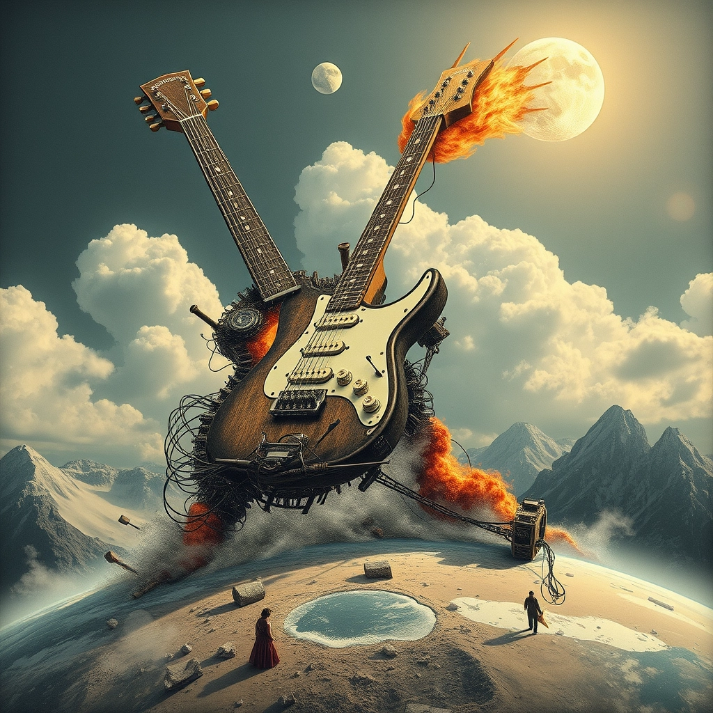 monumental guitar broken and falling into pieces and debris over earth, perspective pop rock fluo collage scifi steampunk machinery extra dust particle cloud octane render and paper art ink art melies, jules vernes, big eyes creature from hell, burning mountain, sad human climbing the sky, giant spitz Pomeranian, wires and cables, electric