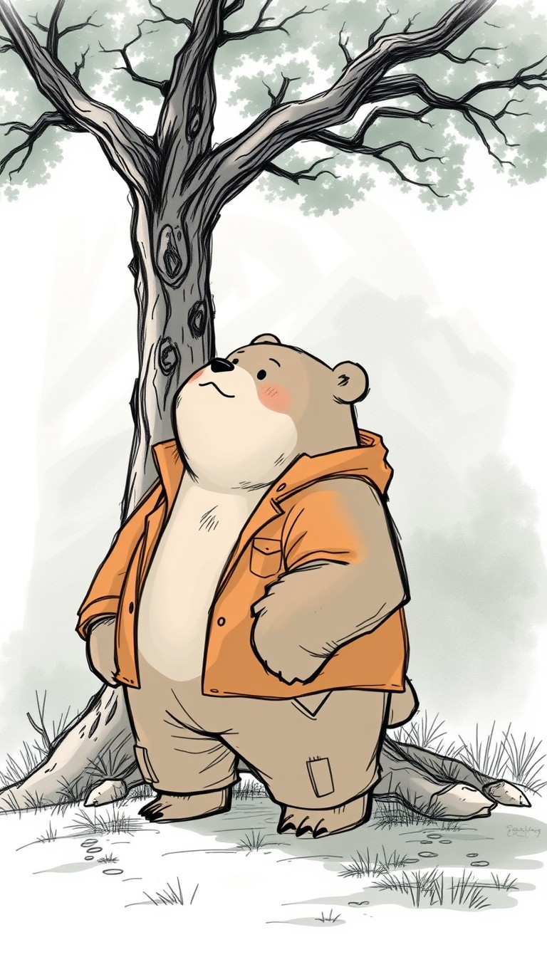 Rough sketch, anthropomorphic bear, comfortably standing by the base of a magical tree. Wearing a pair of well-worn cargo pants and a cozy orange jacket. Expression of quiet contemplation, with a gentle smile. Face and body looking at a beautiful majestic landscape. Thick fat neck tufts, multiple fat folds. Studio Ghibli style art, sharp, very detailed, high resolution, inspired by Hayao Miyazaki, anime, art from Ghibli movie.