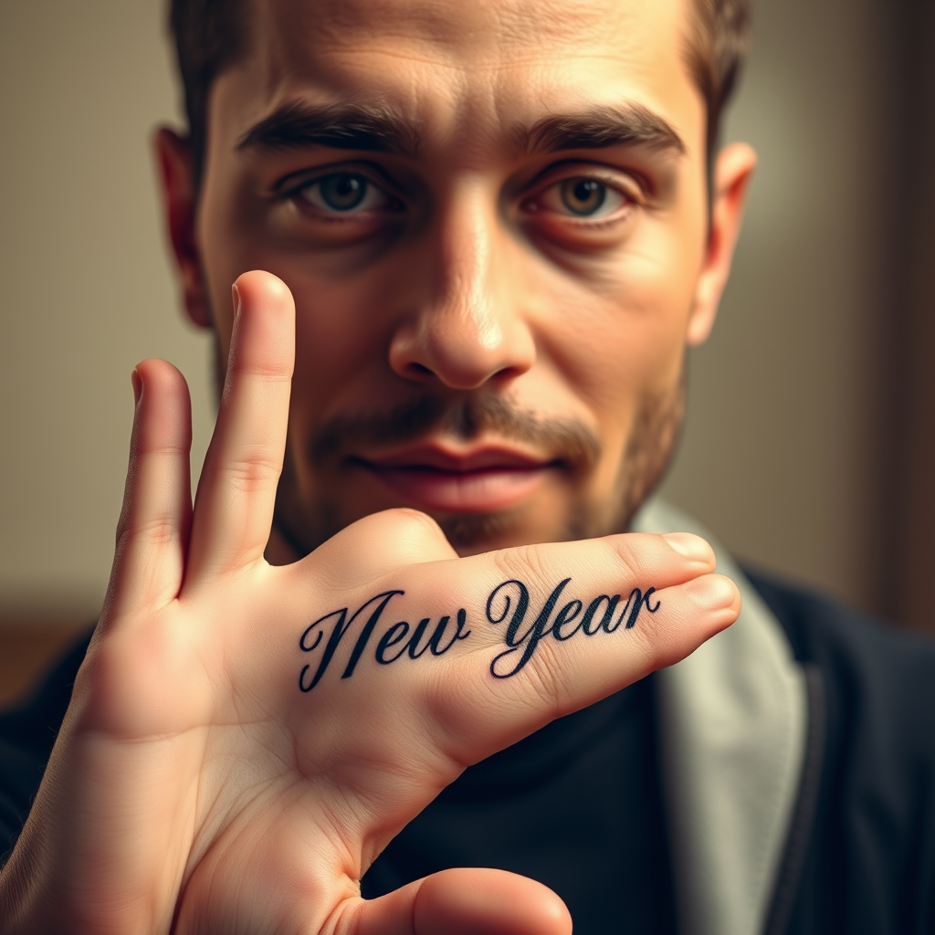 Realistic close-up portrait of a handsome man with sharp, well-defined facial features, holding up his palm to reveal a "Happy New Year" tattoo in elegant, bold lettering, soft diffused lighting that highlights both his face and hand, 4K ultra-high definition, warm and natural color tones, shallow depth of field with a softly blurred background, ensuring the focus remains on his expression and the clear, legible tattoo. - Image