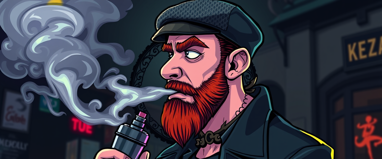 Three-quarter view cartoon demonized white male, bald with ginger beard stubble, wearing vintage tweed flatcap. Exhaling swirling vapor clouds from sleek metallic vapemod, dripping neon e-liquids. Circular logo design with intricate gothic filigree frame. Smoky, mischievous atmosphere. Dark urban background. Vibrant colors contrast shadowy elements.