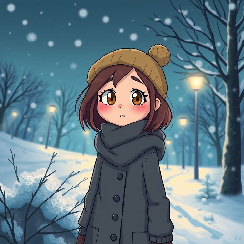 a cool cartoon girl in a cold winter night