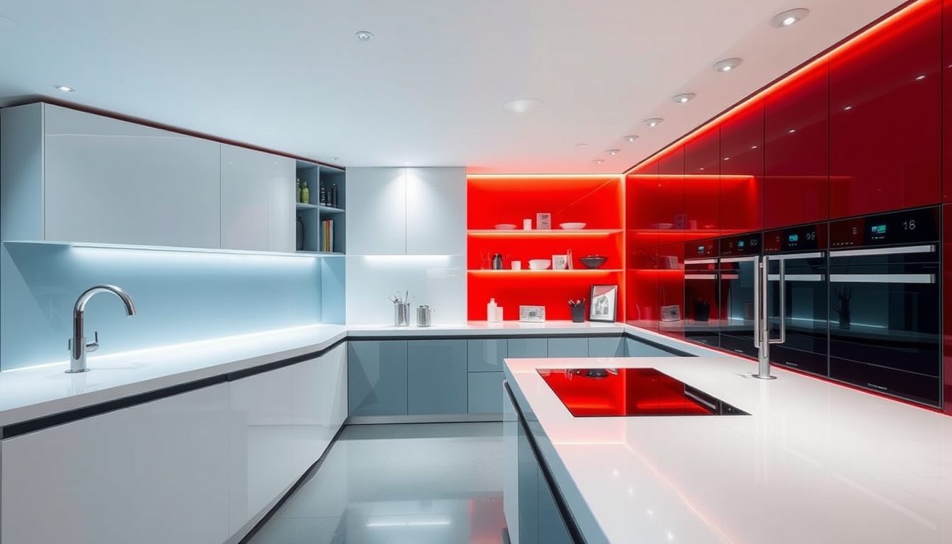 A sleek, modern kitchen with glass countertops and futuristic appliances.