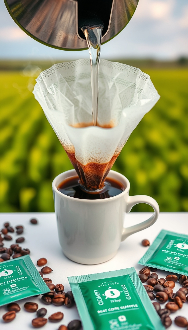 Realistic front-view image of a pour-over coffee in a white cup with a drip filter bag, hot water being poured with steam, coffee beans around, green coffee packets on a table, set against a green field background, no text, sharp and highly detailed. - Image