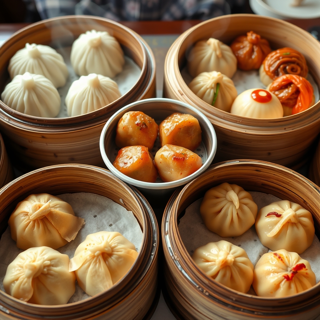 Assorted dim sum dishes in bamboo steamers, highlighting traditional Chinese cuisine.