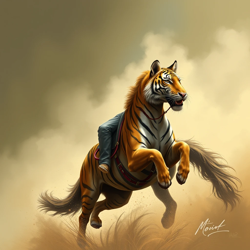 'Tiger riding a horse'