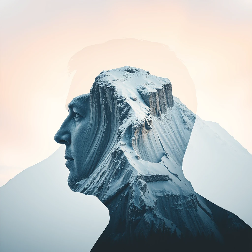 "[An abstract style of a snow-covered cliff] within the outline of a [middle-aged man's] head. This is a double exposure photo. Non-representational, colors and shapes, emotional expression, imaginative, very detailed." - Image