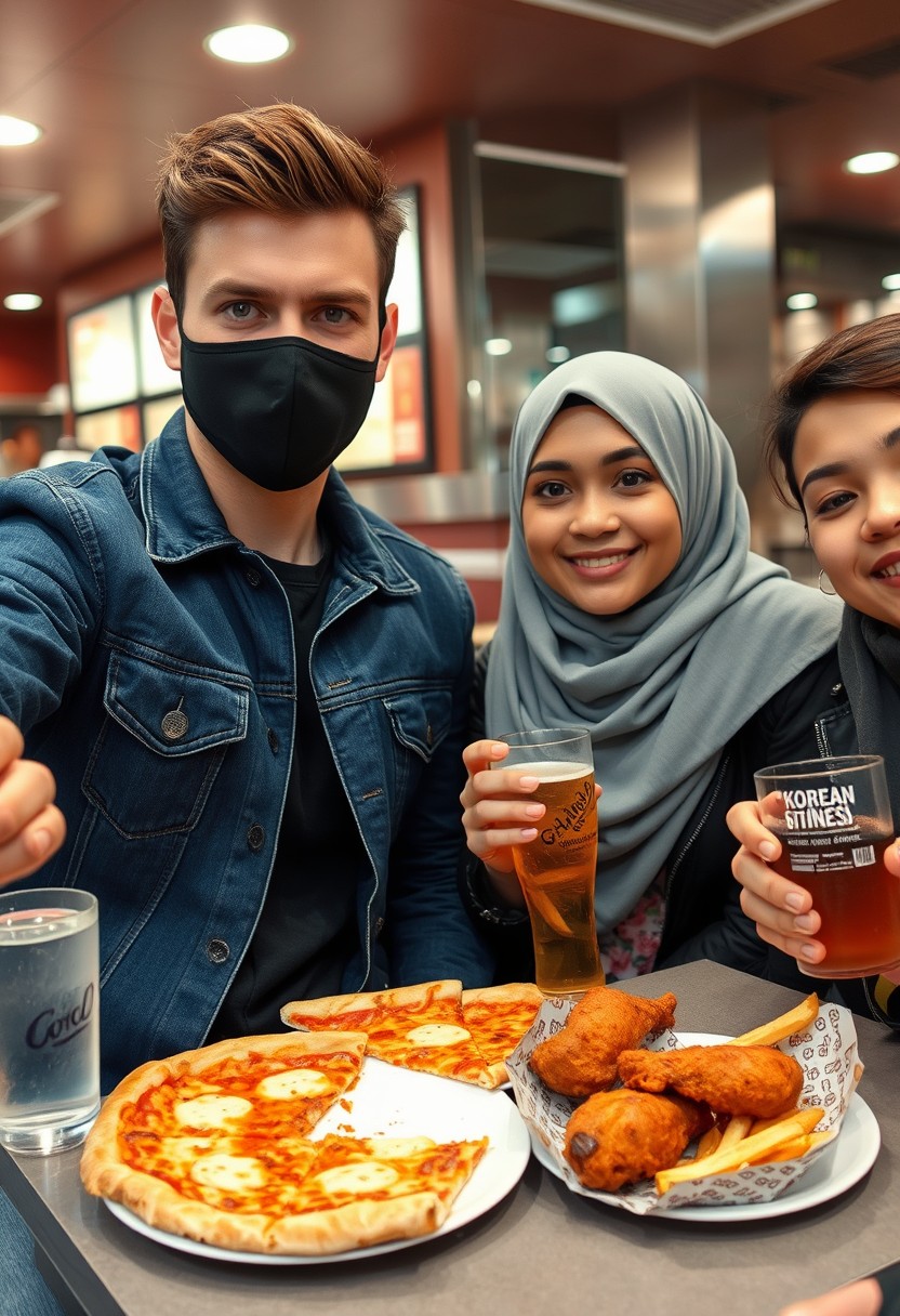 Jamie Dornan's head and body shot, handsome, young, black face mask, blue jeans jacket, jeans, dating a Muslim girl in a grey hijab with beautiful eyes, black face mask, black leather jacket, biggest floral skirt, at a fast food restaurant, plate of cheese pizza slices, plate of Korean fried chicken and fries, glass of soft drink, eating with three other random smiling friends, photorealistic, hyper-realistic, street photography, selfie.