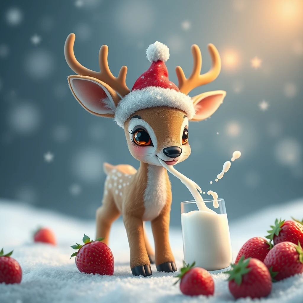 "A cute baby deer that needs to drink a million strawberry milks to go to Santa's star, spaceship." - Image