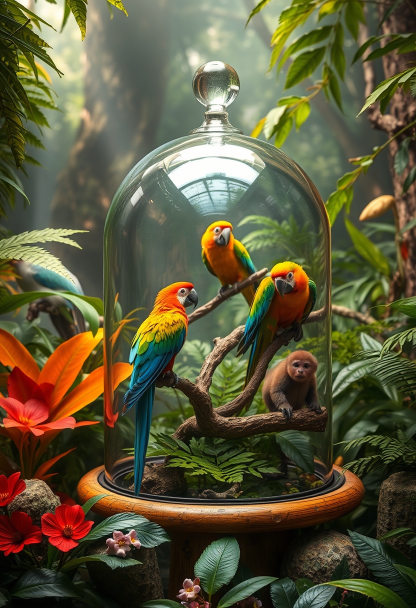 A magical rainforest scene with a glass dome containing parrots and monkeys.