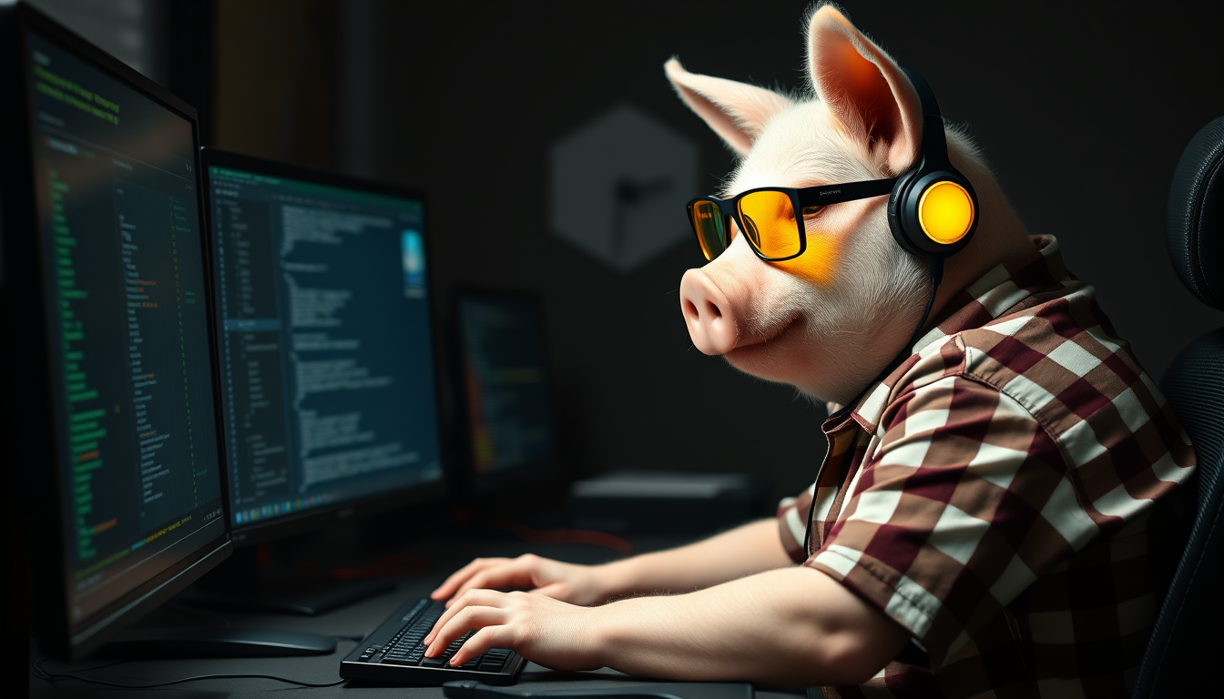 A tech-savvy pig programmer, wearing yellow-tinted glasses and sleek noise-canceling headphones, hunches over a cutting-edge multi-monitor setup. The anthropomorphic pig exudes focus, typing furiously. Dressed in a plaid t-shirt.