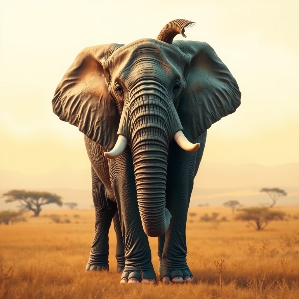 A majestic, large-sized African elephant, with a grayish-brown wrinkled skin, stands prominently in the center of the frame, its long trunk curled upwards, and tusks gleaming white, against a soft, warm golden backdrop, with a subtle gradient of creamy whites and beiges, evoking a sense of savannah landscape, with a few scattered trees and faint hints of blue skies in the distant horizon, in a highly detailed, realistic, and textured style, with intricate wrinkles, folds, and creases on the elephant's skin, and a sense of depth and dimensionality, as if the viewer could reach out and touch the elephant's rough hide.