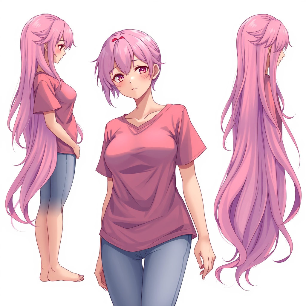 Anime art of a motherly woman, full body, pink hair, reddit t-shirt, detailed body, standing, white background, stunning details, trending on ArtStation, anime artwork, anime cel shading, detailed soft shadows.