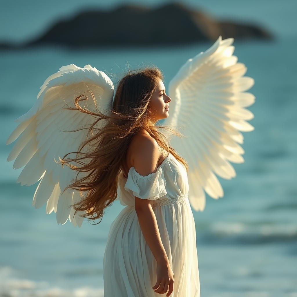 Girl angel, wind wave long hair, spread big wings on the back, full body, side view, side lighting, background bokeh, super realistic, film look, Emerald Beach. - Image