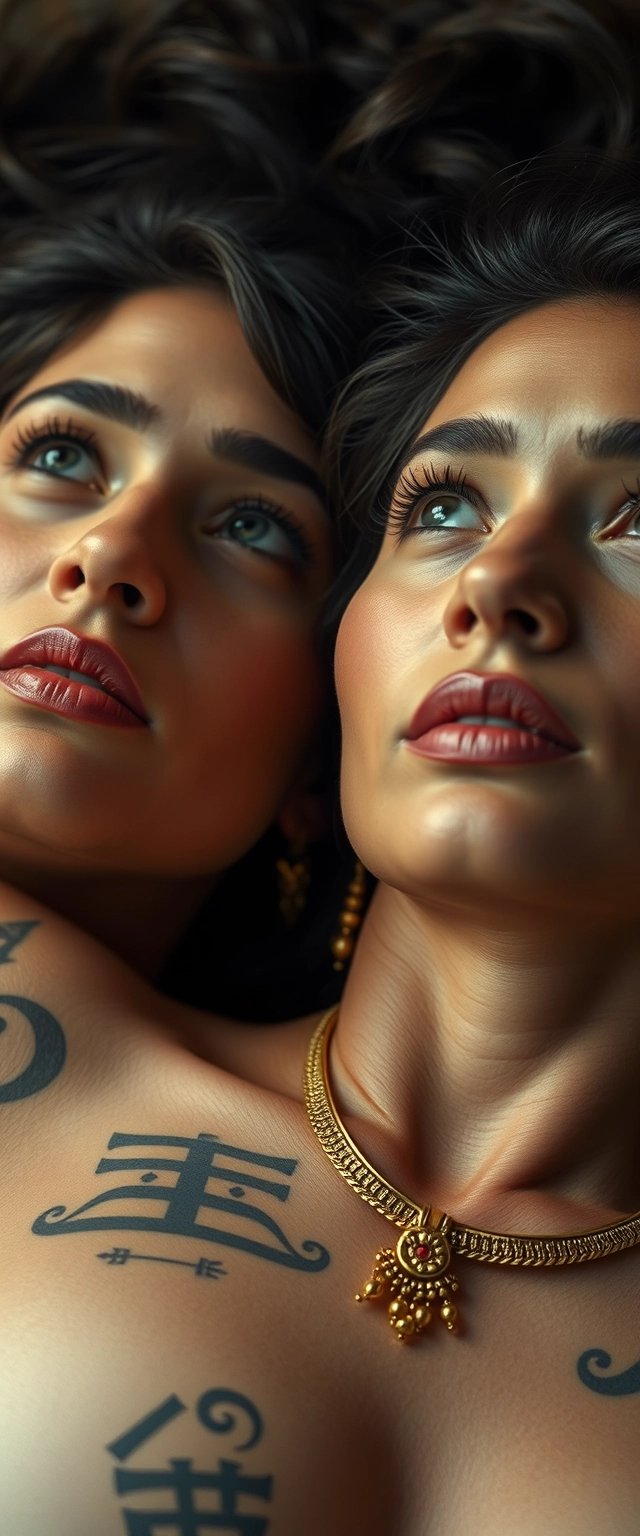 Close-up shot of the tattooed body of fair-skinned Indian-Korean women with beautiful facial features, a defined jaw, and blue eyes, wearing gold ornaments, looking up while lying on their side.