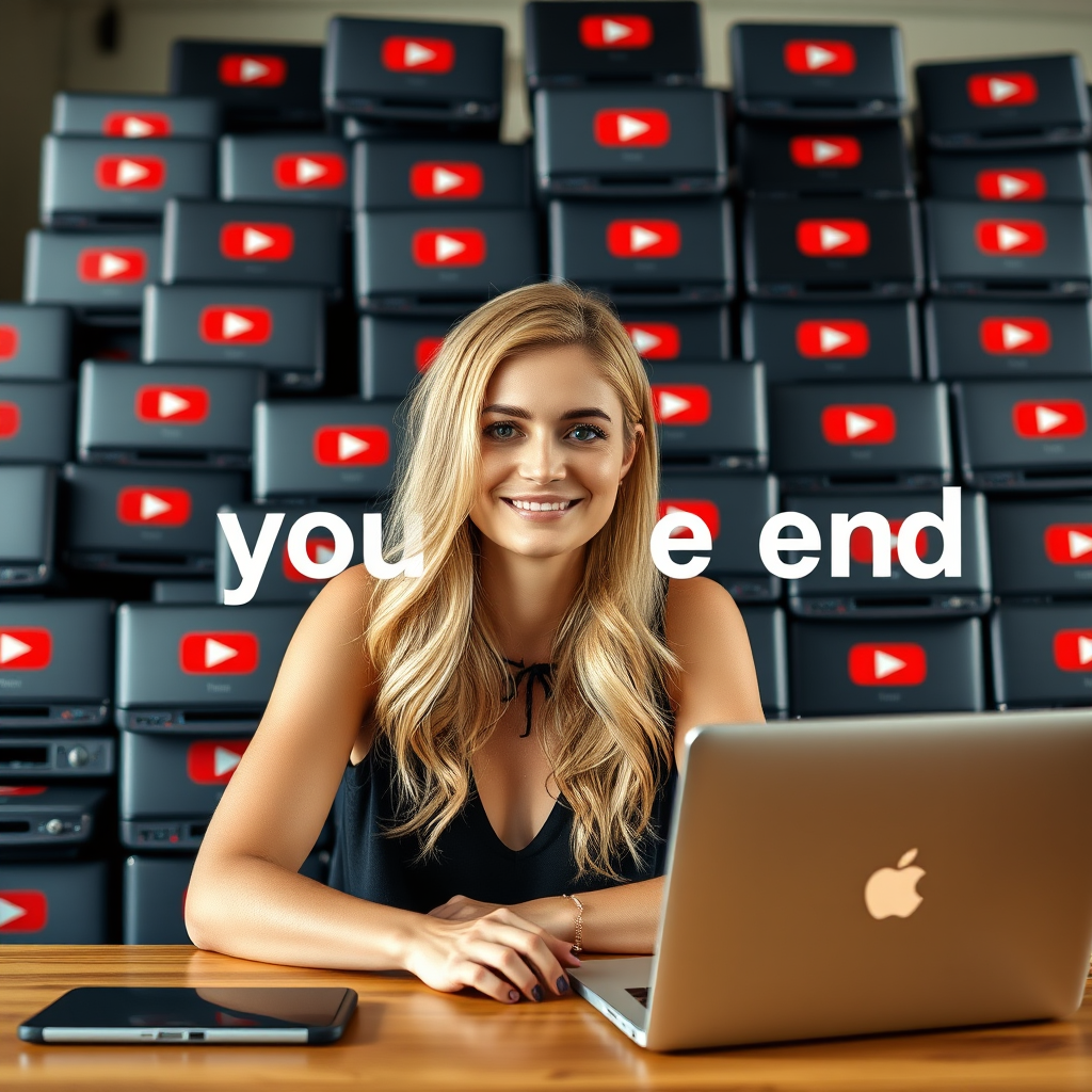 This is a cover for a YouTube video in 16:9 format, featuring a photograph of an adult blonde girl who is a blogger. She is sitting at a table in a portrait style, with a mountain of laptops with the YouTube logo behind her, and the text on the photo reads "youtube end."