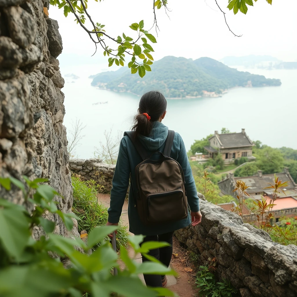 🌳 **Nature and History**: "Woman exploring trails, historical sites, every stone and leaf, stories of Cheung Chau Island, discovery, photorealistic style"