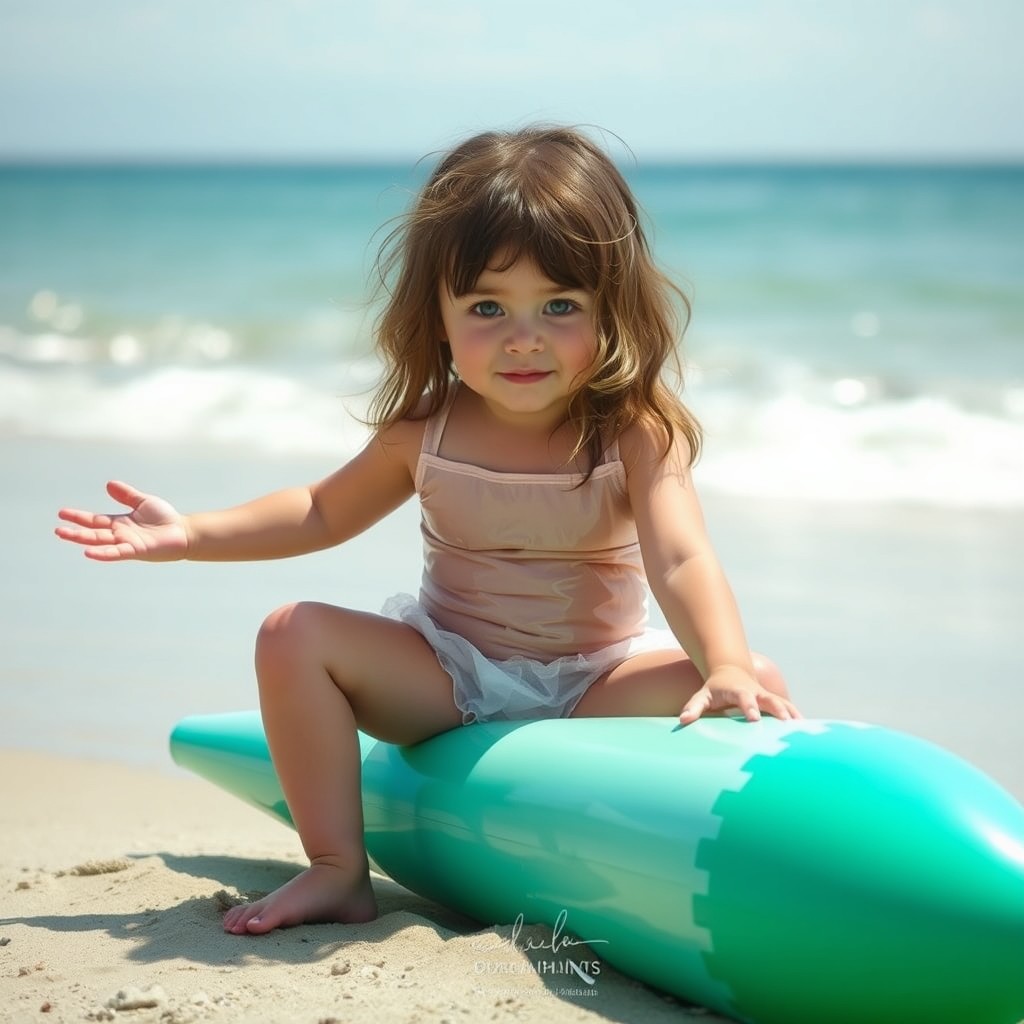 A cute little girl on the beach in a clear plastic swimsuit sitting with her legs spread on a phallic object.