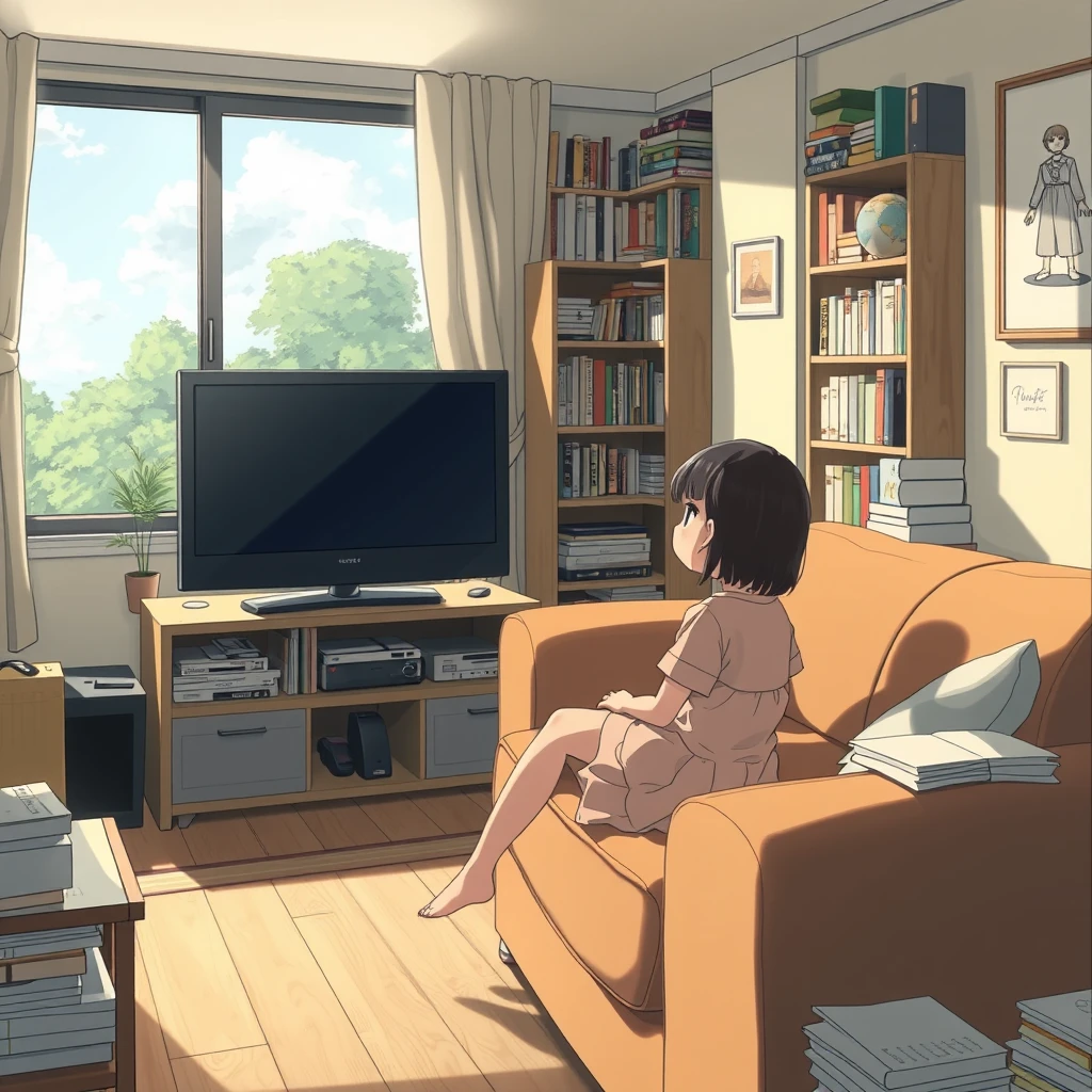 "Shinkai Makoto's painting style, high definition, a little girl in a room, sitting on the sofa, looking out the window, there is a TV, a lot of furniture, a lot of books."