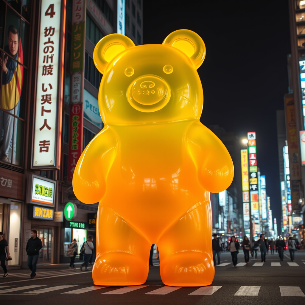 a giant gummy bear, 4 stories tall, walking through tokyo at night