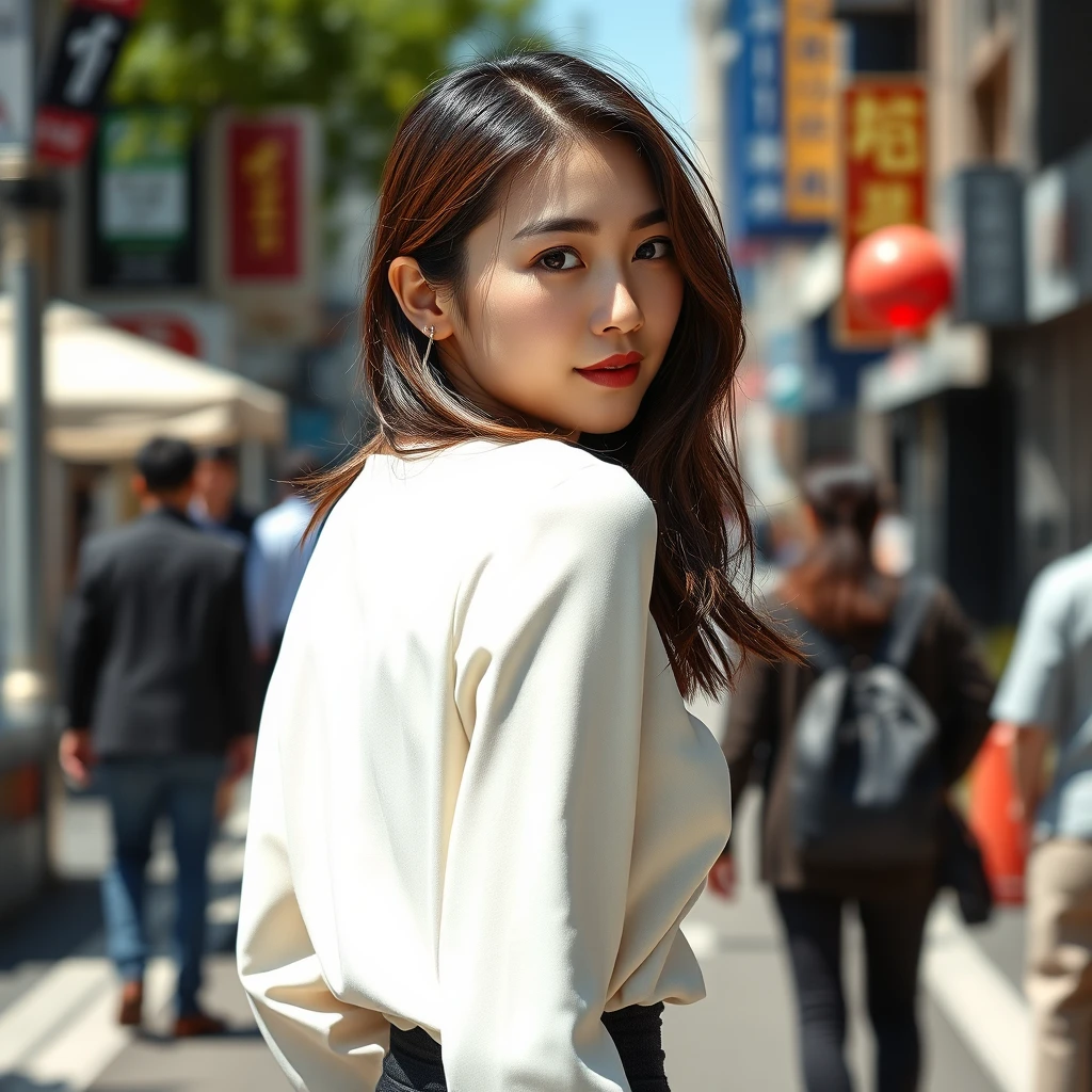 "Create a realistic image of an attractive Korean woman in a sunny and busy city. The photo should capture her torso as she turns around to make eye contact with the camera. The background should include elements of a bustling urban environment with sunlight casting natural highlights and shadows. The woman's expression should be chic and serious, without a smile." - Image