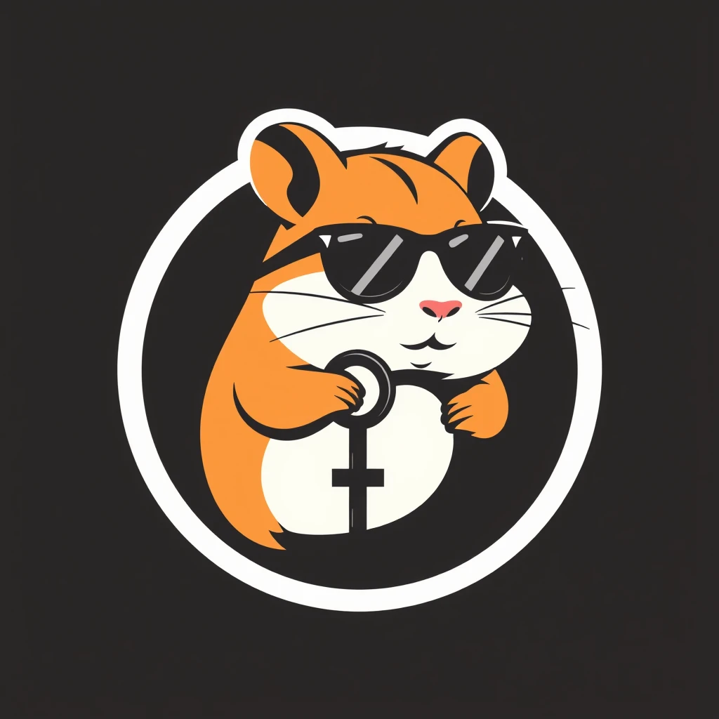 Minimalistic vector art logo of a hamster wearing dark sunglasses and holding a key, set against a dark background, featuring bold lines, simple shapes, and a strong silhouette.