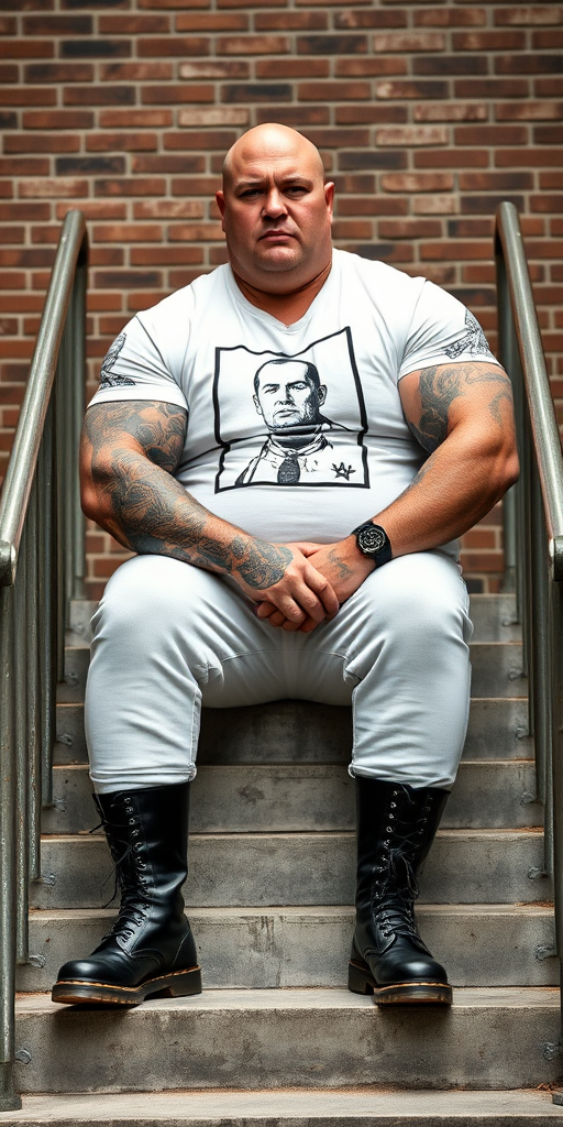 Prompt: a portrait-style photograph featuring an extremely huge 50-year-old muscular, beefy, stocky, male skinhead sitting on a set of concrete stairs. He has a bald head, light skin, and is wearing a white t-shirt with a black and white graphic print of a person on it. His enormous muscular arms are heavily tattooed with intricate designs. He is also wearing tight bleached denim trousers that highlight his huge, muscular legs and black knee-high Dr. Martens boots with white laces. The background consists of a brick wall and metal handrails on either side of the stairs. The overall setting appears to be industrial. - Image