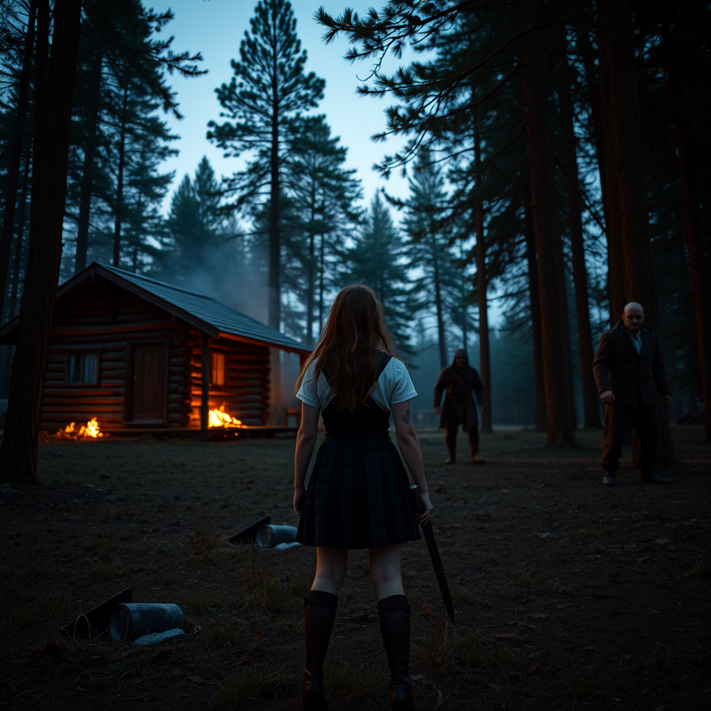 Real-life photography, wide shot: In the evening, in the forest, there is a wooden cabin, and not far away, a female barbarian wearing a school uniform skirt is holding a dagger, looking at two dressed zombies in the distance. The cabin is on fire.