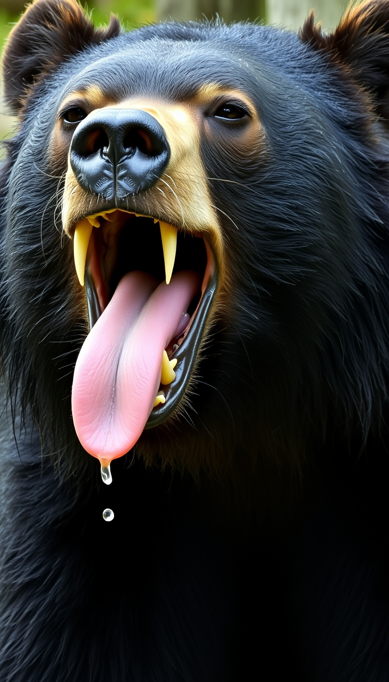 The black bear opens its mouth, which is very large, revealing sharp teeth that are very pointed. Its tongue is drooling a lot of saliva, which has moistened its fur. - Image