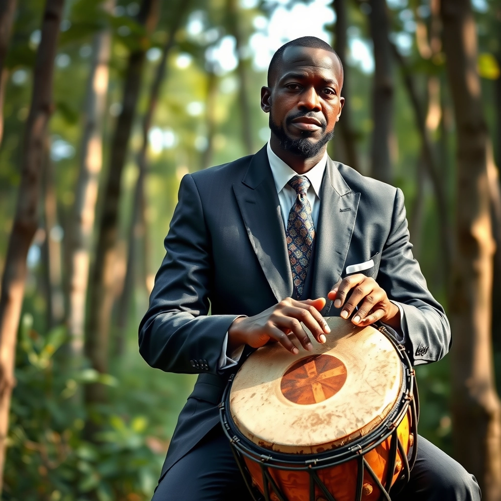 Photorealistic image of an African man, wearing a suit, playing the talking drum in a forest.