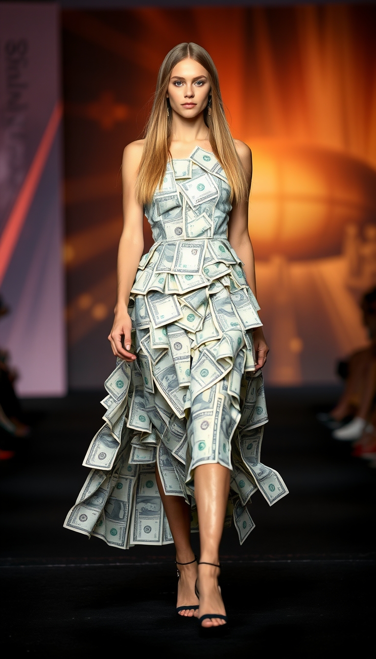 Fashion stage runway, a beautiful young woman with straight long blond hair wearing a haute couture dress made of paper money banknotes. - Image