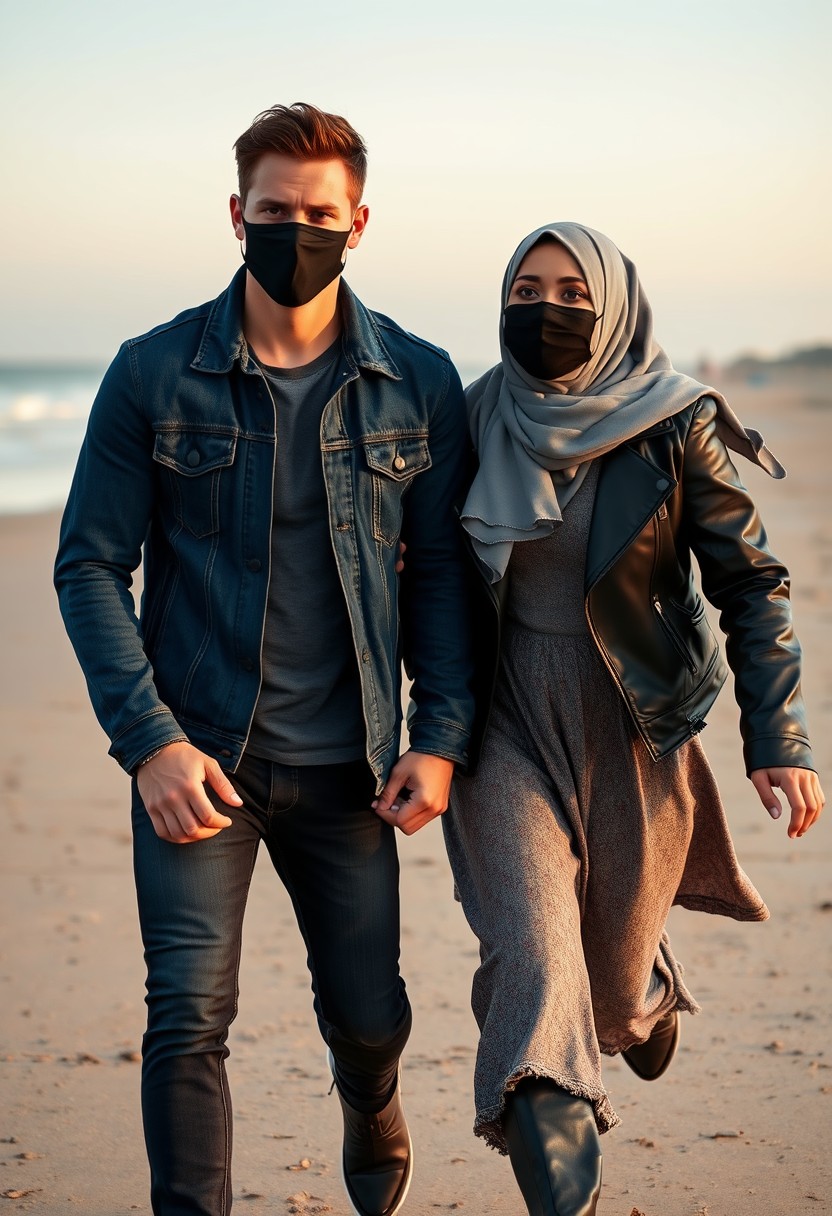 Jamie Dornan's head and body shot, handsome, black face mask, denim jacket, jeans, dating, love couple, with the biggest gray hijab Muslim girl, black face mask, beautiful eyes, black leather jacket, biggest skirt, running happily together at the beach, hyper-realistic, street photography. - Image