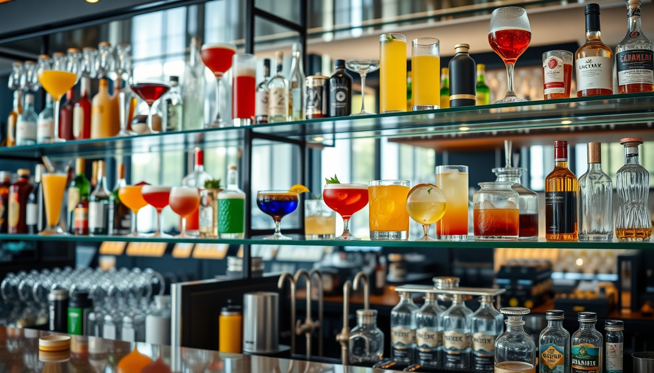 A sophisticated cocktail bar with glass shelves showcasing an array of colorful drinks. - Image