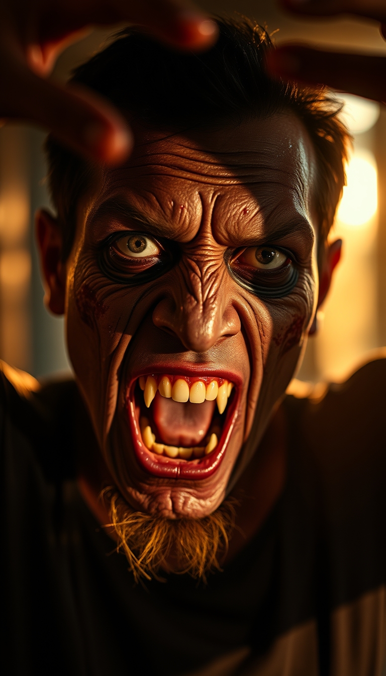 Malay guy demonic possession scene, exorcism horror style, intense expressions. Shadow casting, golden hour, bokeh, zombie face, haunted face, intricate detail, sharp teeth, white eyes, sick skin.