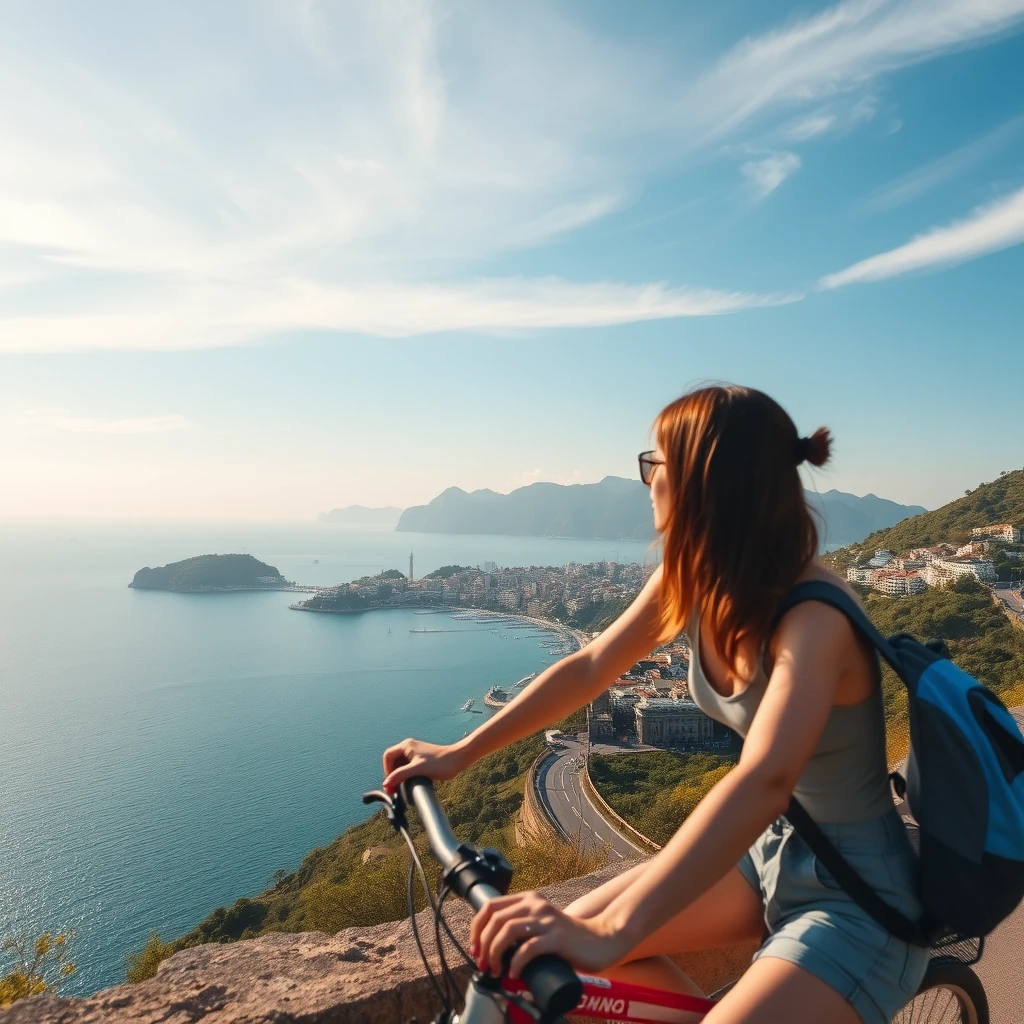 Woman cycling along island coastline, sea breeze, fishing villages, lighthouses, endless blue, capturing unforgettable moments, photorealistic style, Hong Kong Island